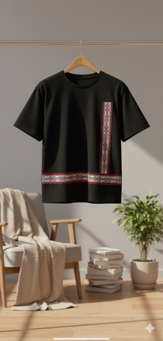 Geometric Heritage Trim T-Shirt | Modern Black Minimal Streetwear for Men