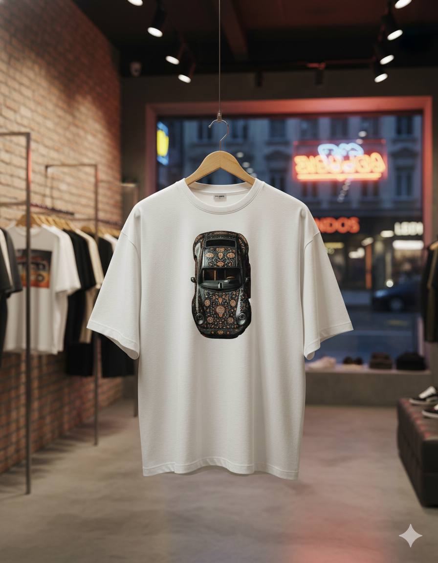 Men's Black T-Shirt with Mandala Car Print | Unique Sports Car Graphic Tee